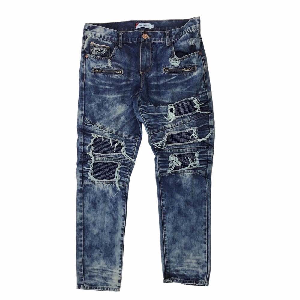 DENIM HOUSE Jeans Men 34x32 Blue Moto Zipper Dark Acid Wash Distressed Destroyed